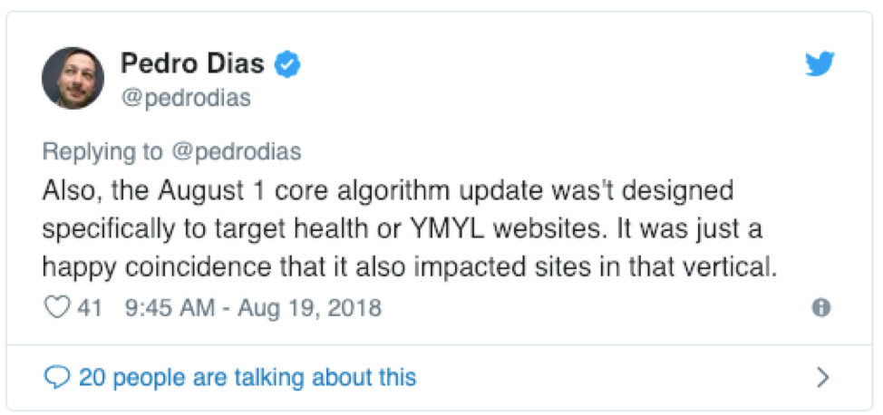 Pedro Dias tweet on August 1 Core update