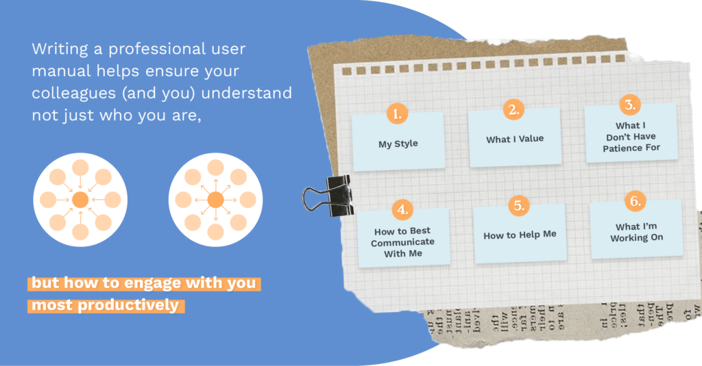 Illustration showing the benefits of writing a professional user manual. It includes six focus areas: My Style, What I Value, What I Don’t Have Patience For, How to Best Communicate With Me, How to Help Me, and What I’m Working On. The design features sticky notes on graph paper with numbered orange circles and text emphasizing how such a manual helps colleagues understand and engage with you productively.